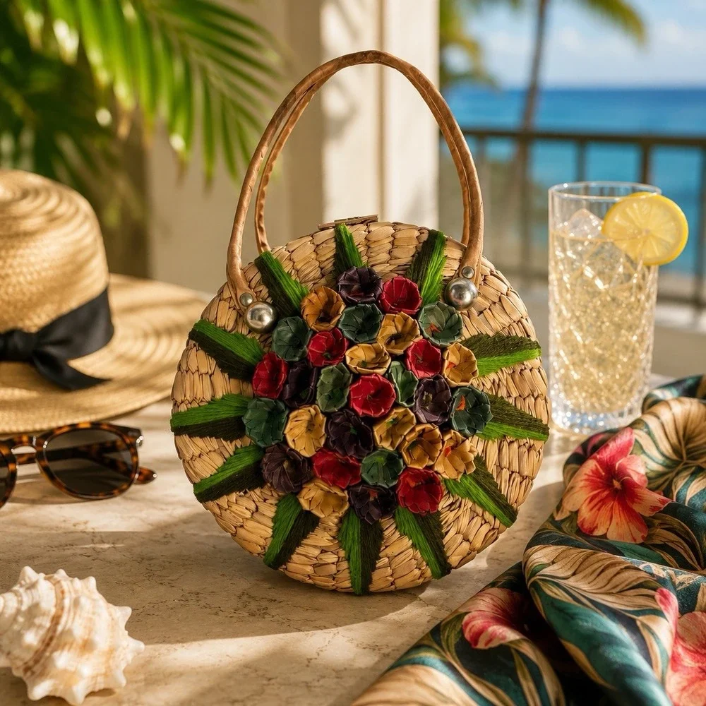 Vintage 1960s Round Straw Purse Floral Raffia Handbag Resort Cruise Bag